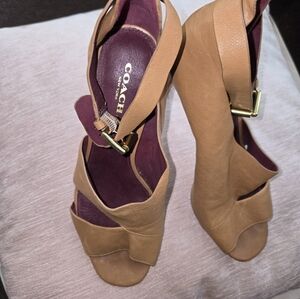 Coach Tan Wedge Sandals with Cross-Over Straps